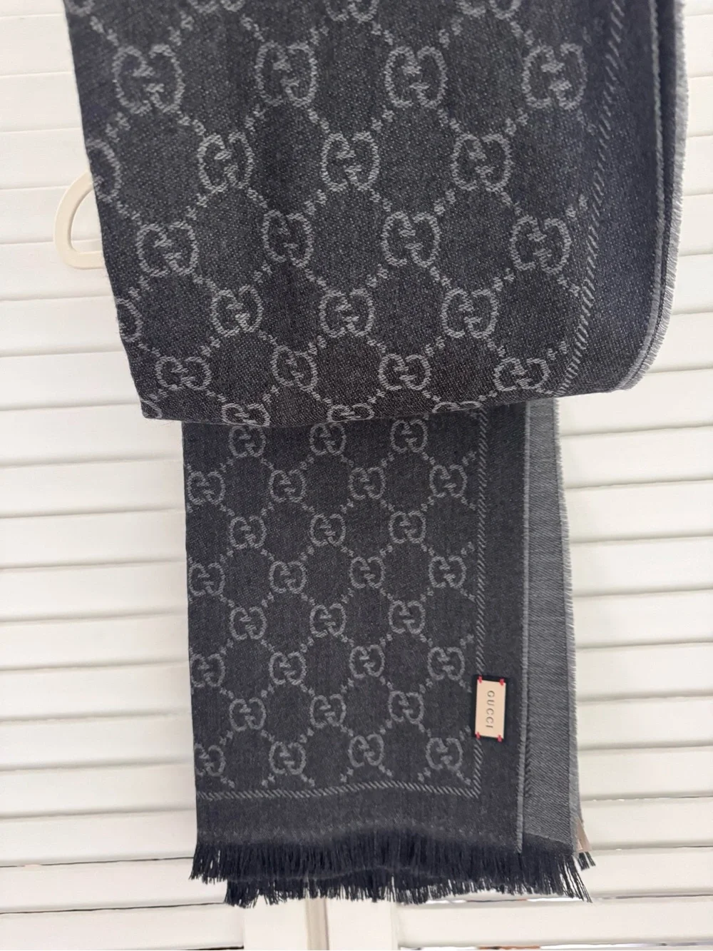 NEW Gucci ‘Sten’ GG Logo Wool Scarf - Charcoal Grey & Light Gray Contrast